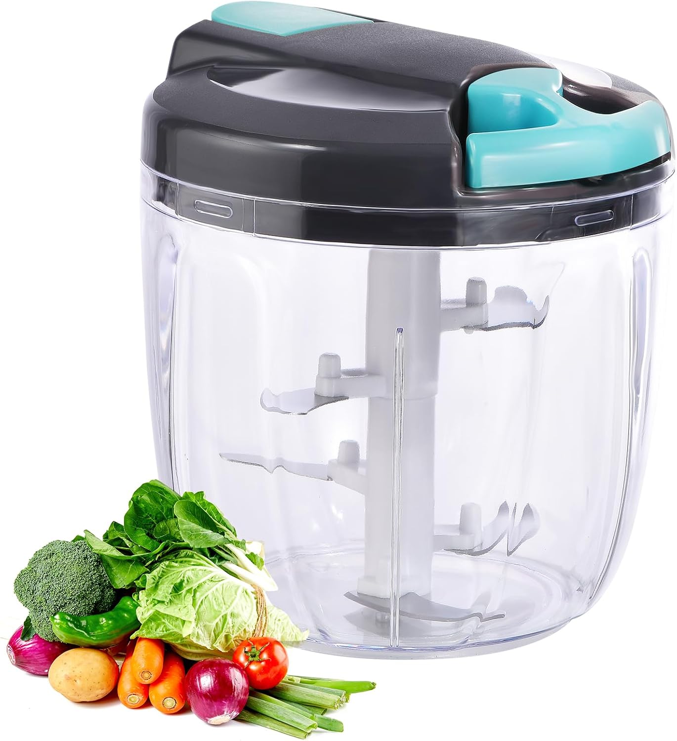 Manual Food Processor Vegetable Chopper, Portable Hand Pull String Garlic Mincer Onion Cutter for Veggies, Ginger, Fruits, Nuts, Herbs, etc., 500ml,（Gray-green）