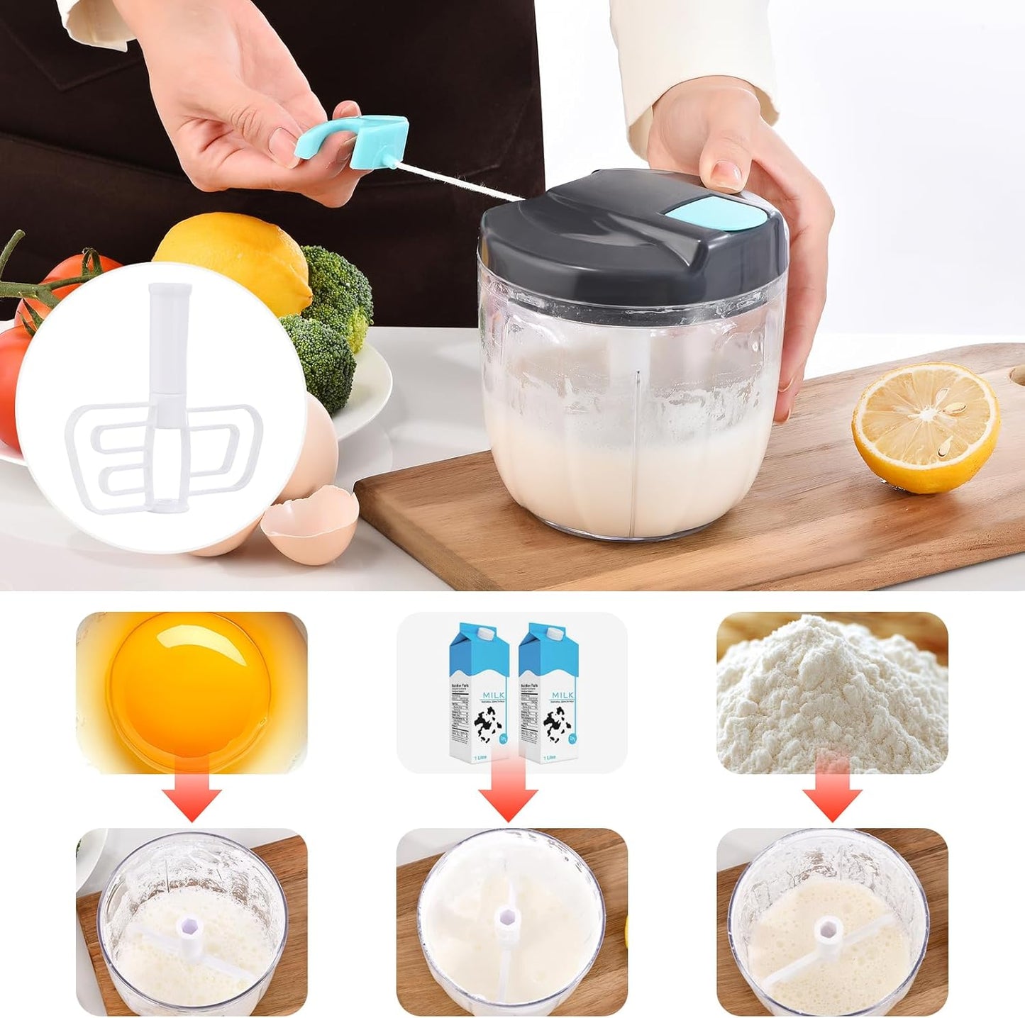 Manual Food Processor Vegetable Chopper, Portable Hand Pull String Garlic Mincer Onion Cutter for Veggies, Ginger, Fruits, Nuts, Herbs, etc., 500ml,（Gray-green）