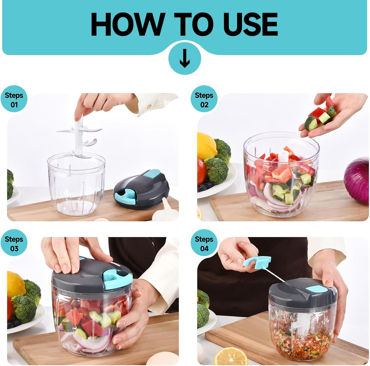 Manual Food Processor Vegetable Chopper, Portable Hand Pull String Garlic Mincer Onion Cutter for Veggies, Ginger, Fruits, Nuts, Herbs, etc., 500ml,（Gray-green）