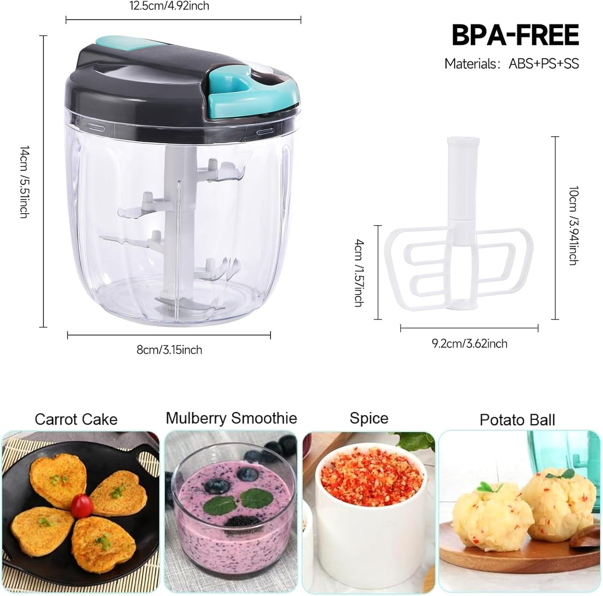 Manual Food Processor Vegetable Chopper, Portable Hand Pull String Garlic Mincer Onion Cutter for Veggies, Ginger, Fruits, Nuts, Herbs, etc., 500ml,（Gray-green）