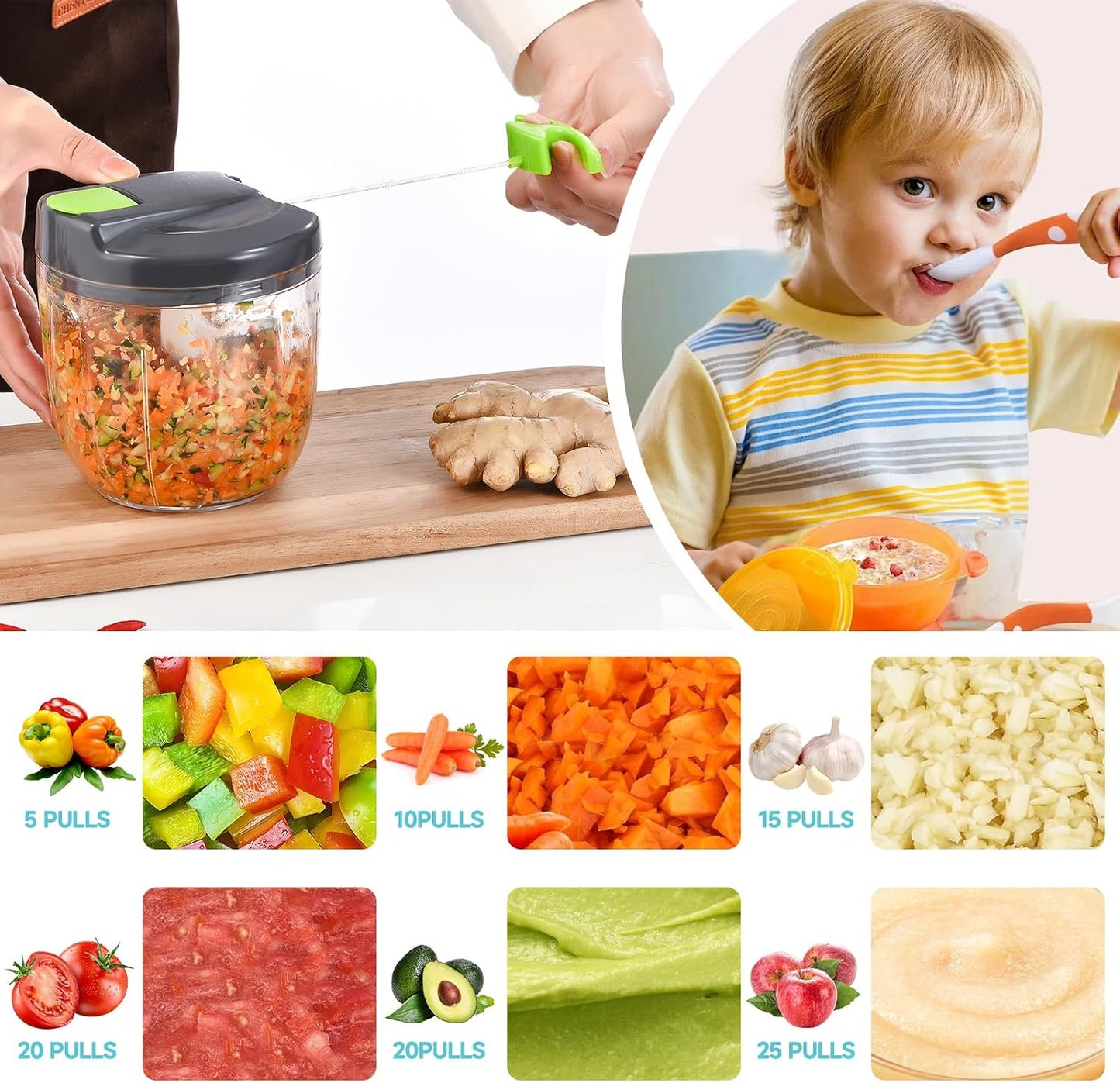 Manual Food Processor Vegetable Chopper, Portable Hand Pull String Garlic Mincer Onion Cutter for Veggies, Ginger, Fruits, Nuts, Herbs, etc., 500ml,（Gray-green）