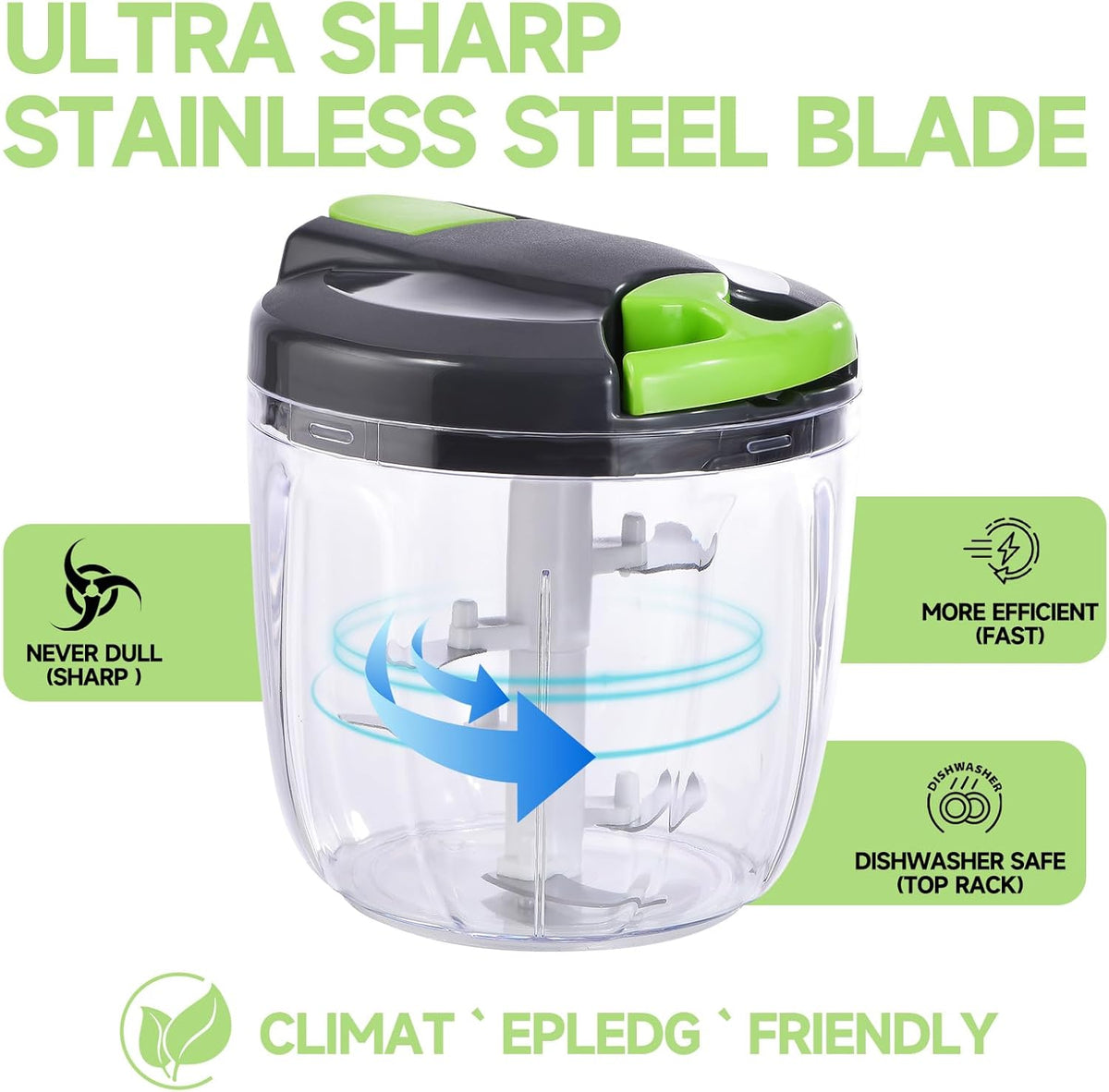 Manual Food Processor Vegetable Chopper, Portable Hand Pull String Garlic Mincer Onion Cutter for Veggies, Ginger, Fruits, Nuts, Herbs, etc., 500ml,（Gray-green）