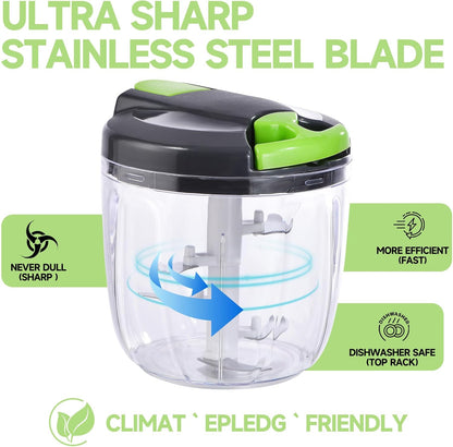 Manual Food Processor Vegetable Chopper, Portable Hand Pull String Garlic Mincer Onion Cutter for Veggies, Ginger, Fruits, Nuts, Herbs, etc., 500ml,（Gray-green）