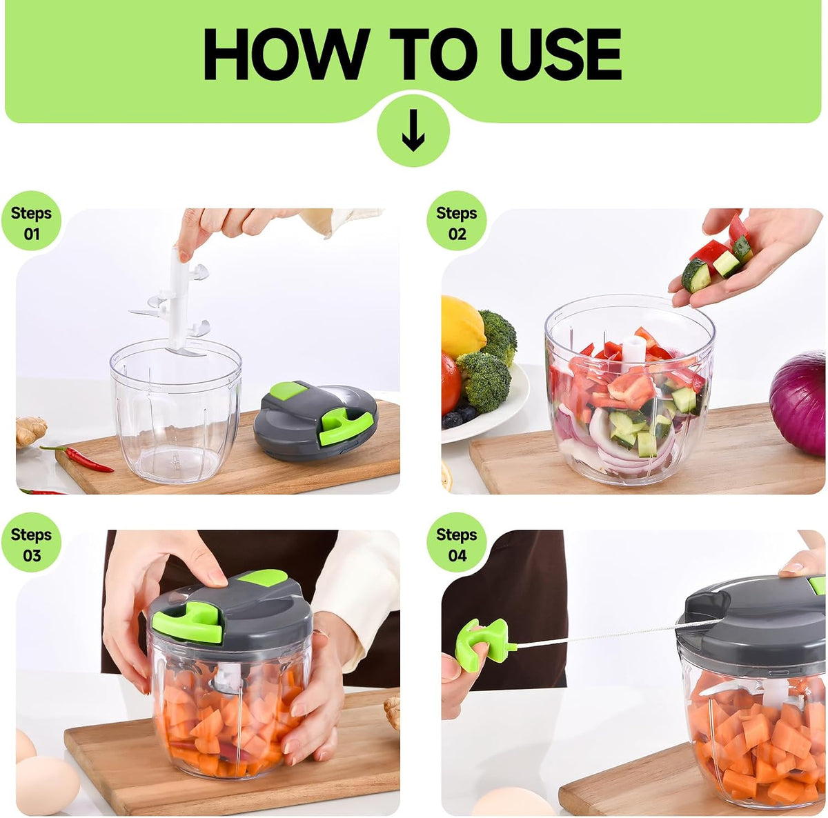 Manual Food Processor Vegetable Chopper, Portable Hand Pull String Garlic Mincer Onion Cutter for Veggies, Ginger, Fruits, Nuts, Herbs, etc., 500ml,（Gray-green）