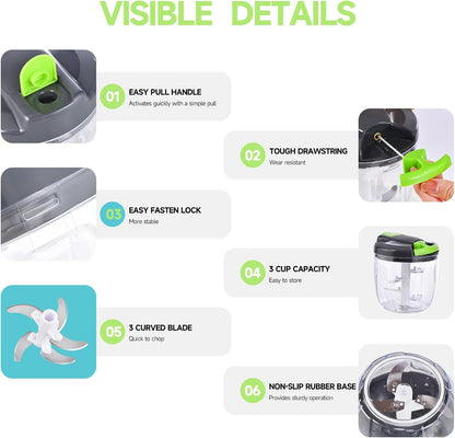 Manual Food Processor Vegetable Chopper, Portable Hand Pull String Garlic Mincer Onion Cutter for Veggies, Ginger, Fruits, Nuts, Herbs, etc., 500ml,（Gray-green）