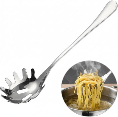 Spaghetti Spoon Stainless Steel Silver Pasta Spoon with Teeth Versatile Kitchen Tool for Noodle Egg Ramen Soup and Dumplings Cooking Pasta Server Utensil for Home Use 9.4 Inch