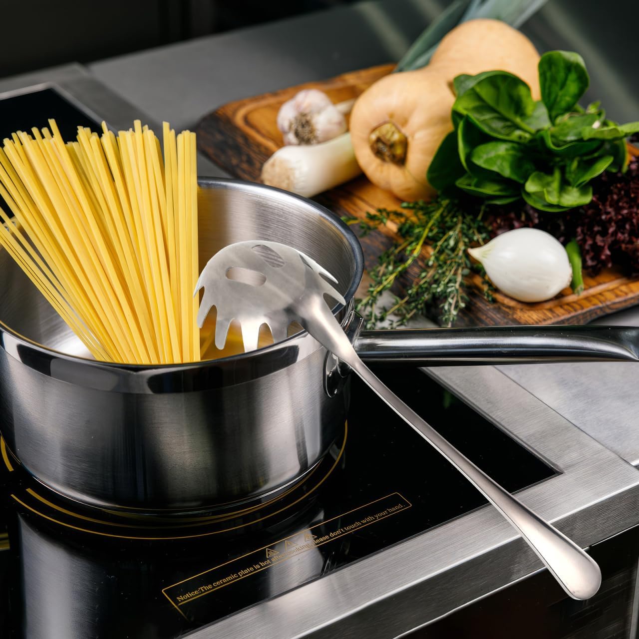 Spaghetti Spoon Stainless Steel Silver Pasta Spoon with Teeth Versatile Kitchen Tool for Noodle Egg Ramen Soup and Dumplings Cooking Pasta Server Utensil for Home Use 9.4 Inch