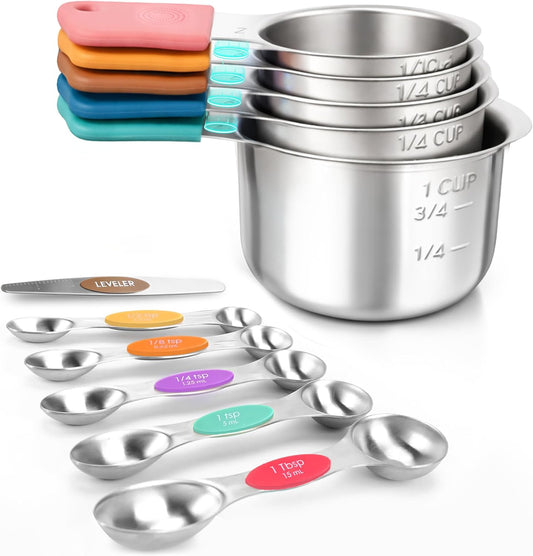 Magnetic Measuring Cups and Spoons Set, 13-Piece 304 Stainless Steel Measuring Set with Leveler, Mini Whisk, Conversion Chart, Double-Sided Spoons for Baking and Cooking