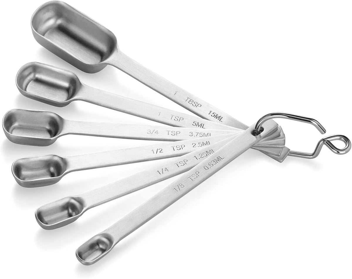 43136 Stainless Steel 1/8 Measuring Spoons, Set of 6, Narrow Rectangular Measuring Spoon Set with Wall Mount Hook for Spices, Baking, Cooking, Silver