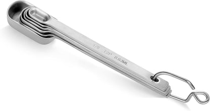 43136 Stainless Steel 1/8 Measuring Spoons, Set of 6, Narrow Rectangular Measuring Spoon Set with Wall Mount Hook for Spices, Baking, Cooking, Silver