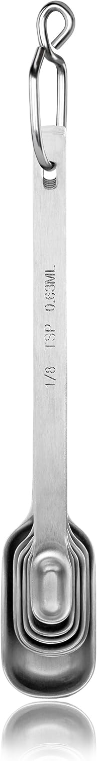 43136 Stainless Steel 1/8 Measuring Spoons, Set of 6, Narrow Rectangular Measuring Spoon Set with Wall Mount Hook for Spices, Baking, Cooking, Silver