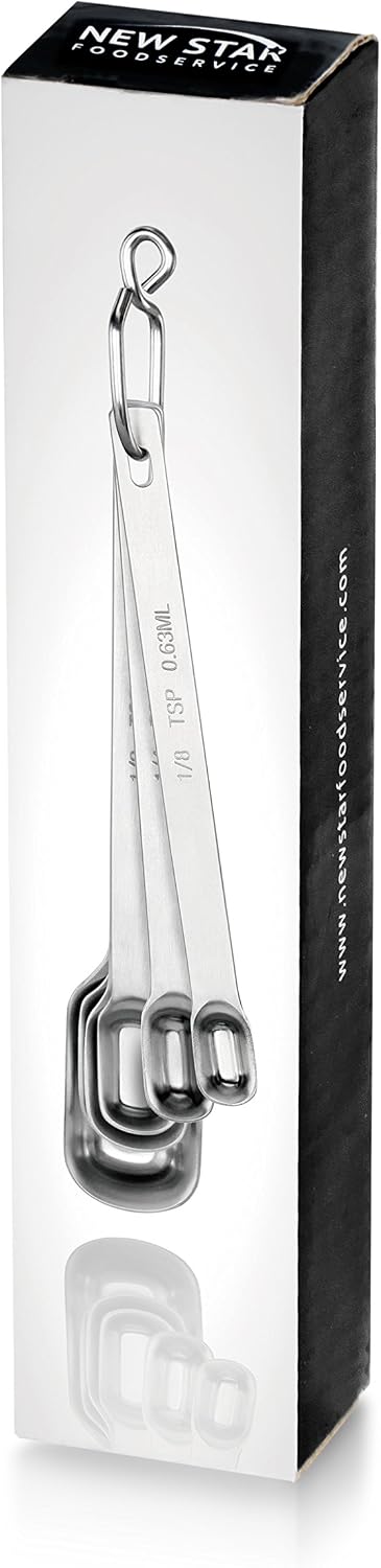 43136 Stainless Steel 1/8 Measuring Spoons, Set of 6, Narrow Rectangular Measuring Spoon Set with Wall Mount Hook for Spices, Baking, Cooking, Silver