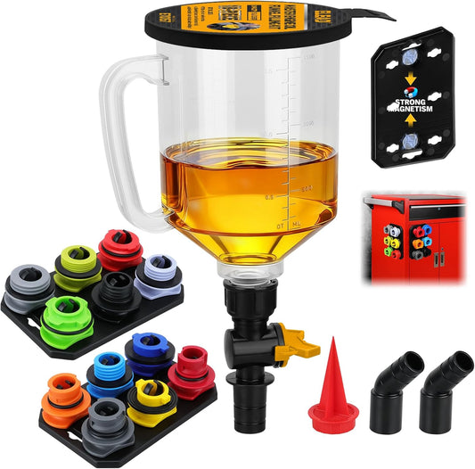 18-Piece No Spill Engine Oil Funnel Kit, 1.59QT/ 1.5L Automotive Coolant Funnel Set, 12 Adapters, Elbow Fitting, Arrow Screen & Magnetic Tray, Compatible with GM, Ford, BMW, Audi, Land Rover Etc