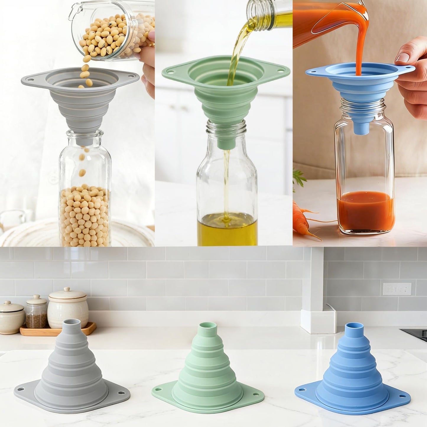 Kitchen Funnel Set 3 Pack, Collapsible Silicone Funnel for Kitchen Use, Small Funnels for Filling Bottle, Transfer Liquid, Oil and Powder, Food Grade Silicone Filter with a Brush
