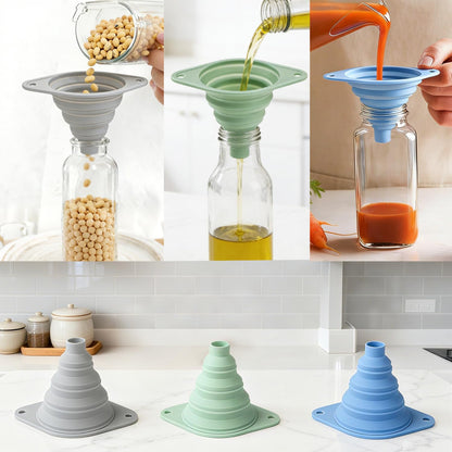 Kitchen Funnel Set 3 Pack, Collapsible Silicone Funnel for Kitchen Use, Small Funnels for Filling Bottle, Transfer Liquid, Oil and Powder, Food Grade Silicone Filter with a Brush