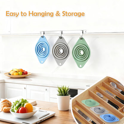 Kitchen Funnel Set 3 Pack, Collapsible Silicone Funnel for Kitchen Use, Small Funnels for Filling Bottle, Transfer Liquid, Oil and Powder, Food Grade Silicone Filter with a Brush
