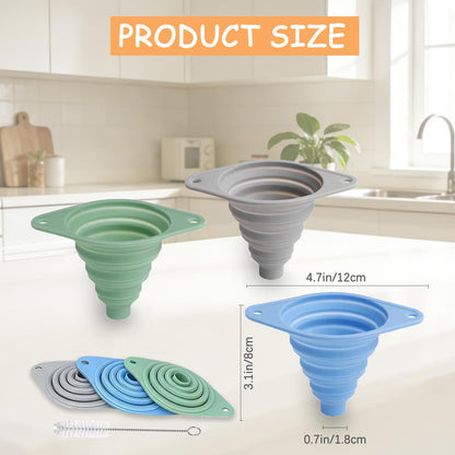 Kitchen Funnel Set 3 Pack, Collapsible Silicone Funnel for Kitchen Use, Small Funnels for Filling Bottle, Transfer Liquid, Oil and Powder, Food Grade Silicone Filter with a Brush