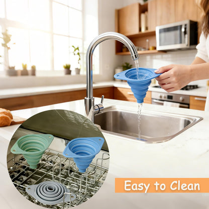 Kitchen Funnel Set 3 Pack, Collapsible Silicone Funnel for Kitchen Use, Small Funnels for Filling Bottle, Transfer Liquid, Oil and Powder, Food Grade Silicone Filter with a Brush