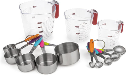 Complete Measuring Set, 13-Pack Stainless Steel Cups, Spoons, Plastic Measuring Pitchers with Spout - Engraved Measurements, Non-Slip Handles - Cooking & Baking Essentials