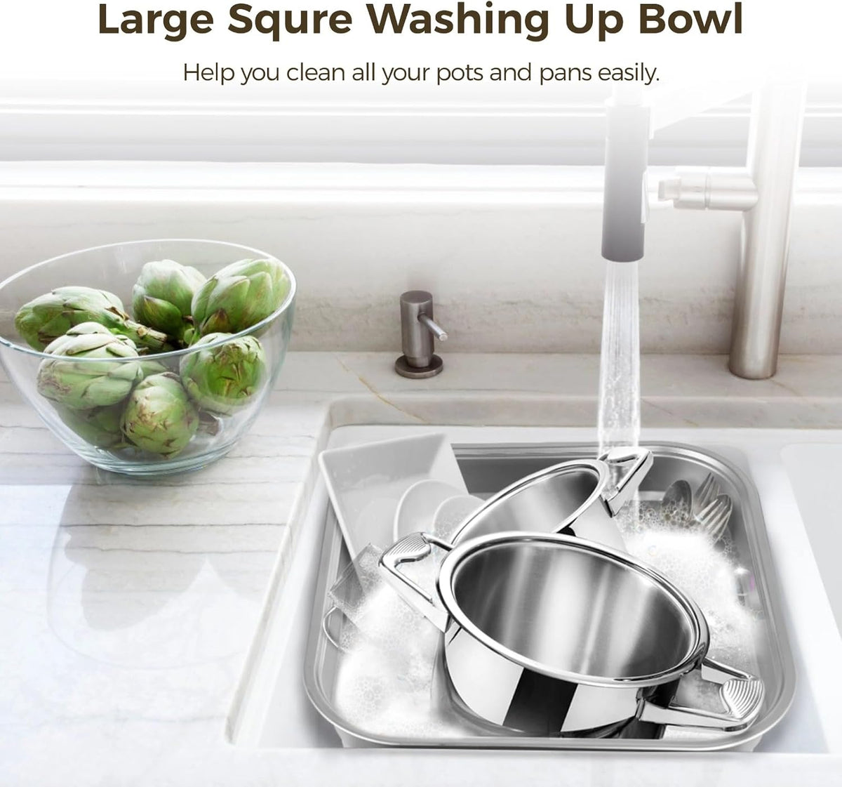 Stainless Steel Washing Up Bowl, Large Multi-Purpose Dish Tub for Sink