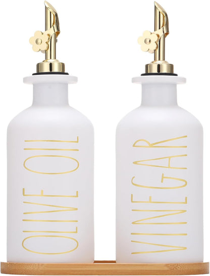 HOMCDALY Premium Olive Oil Dispenser for Kitchen, 11.8oz Glass Oil Bottles with Bamboo Tray, White and Gold Oil&Vinegar Cruet Set, Kitchen Dispenser Bottles with Pourer| Set of 2 (11.8oz –P–Gold)