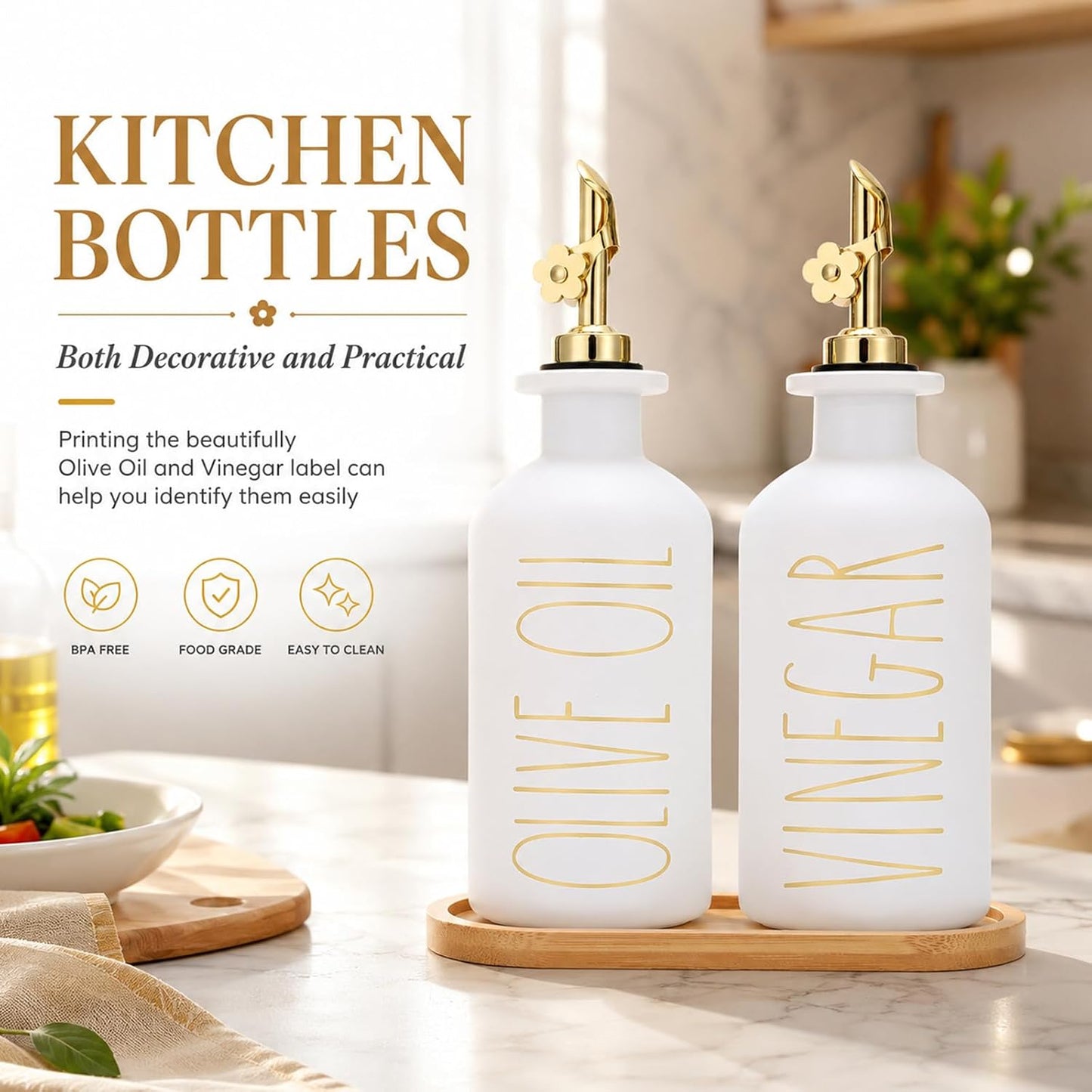 HOMCDALY Premium Olive Oil Dispenser for Kitchen, 11.8oz Glass Oil Bottles with Bamboo Tray, White and Gold Oil&Vinegar Cruet Set, Kitchen Dispenser Bottles with Pourer| Set of 2 (11.8oz –P–Gold)