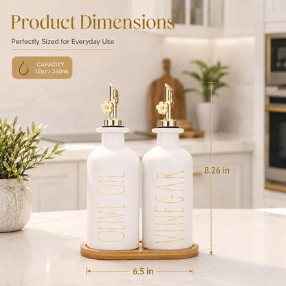HOMCDALY Premium Olive Oil Dispenser for Kitchen, 11.8oz Glass Oil Bottles with Bamboo Tray, White and Gold Oil&Vinegar Cruet Set, Kitchen Dispenser Bottles with Pourer| Set of 2 (11.8oz –P–Gold)