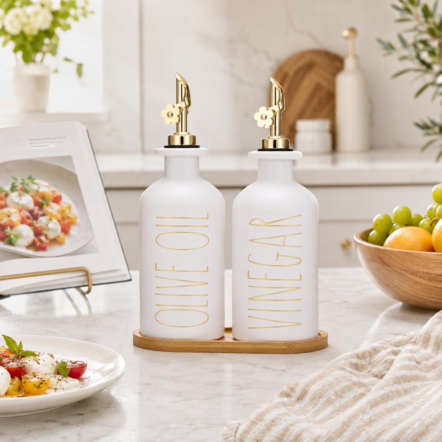 HOMCDALY Premium Olive Oil Dispenser for Kitchen, 11.8oz Glass Oil Bottles with Bamboo Tray, White and Gold Oil&Vinegar Cruet Set, Kitchen Dispenser Bottles with Pourer| Set of 2 (11.8oz –P–Gold)