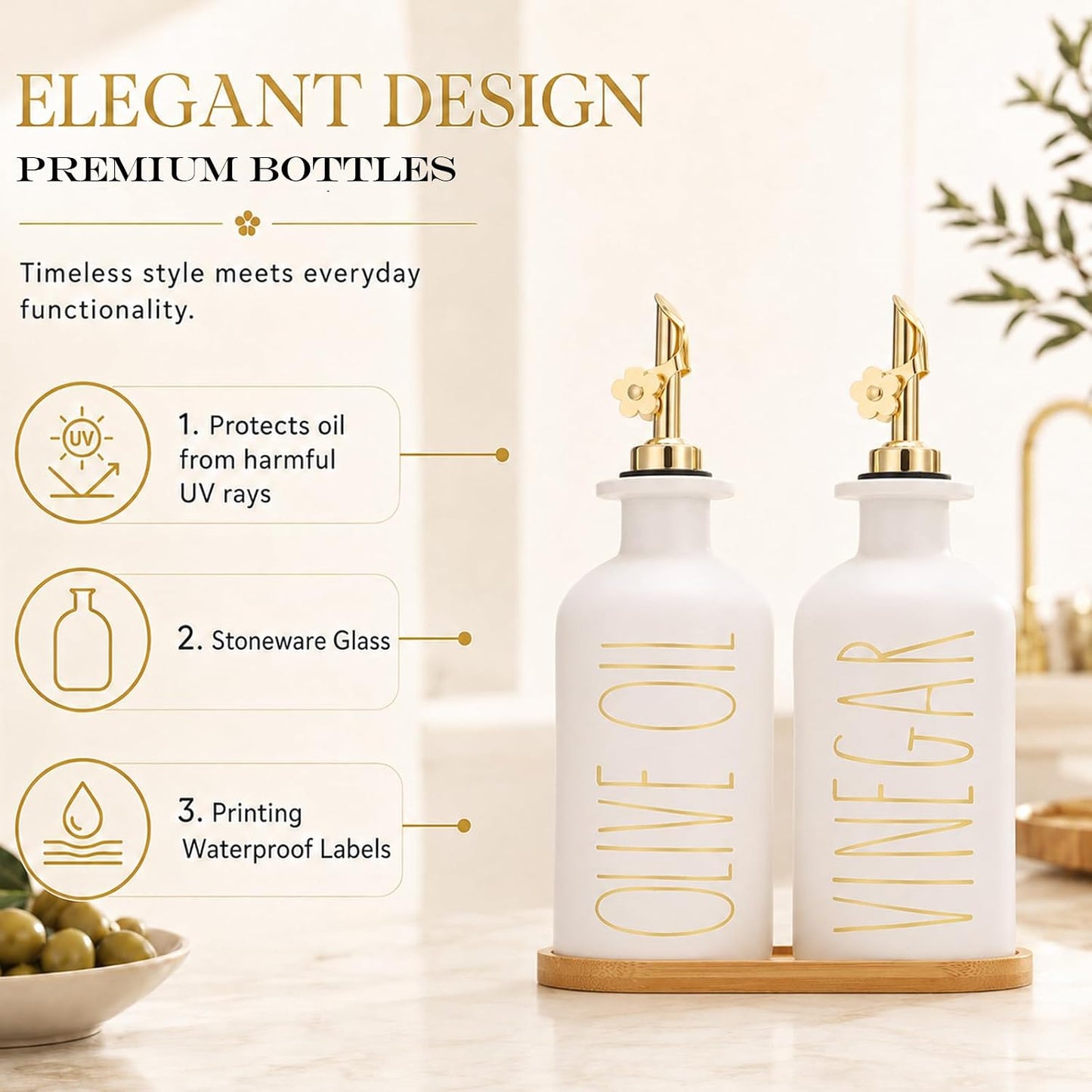 HOMCDALY Premium Olive Oil Dispenser for Kitchen, 11.8oz Glass Oil Bottles with Bamboo Tray, White and Gold Oil&Vinegar Cruet Set, Kitchen Dispenser Bottles with Pourer| Set of 2 (11.8oz –P–Gold)