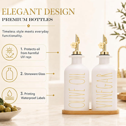 HOMCDALY Premium Olive Oil Dispenser for Kitchen, 11.8oz Glass Oil Bottles with Bamboo Tray, White and Gold Oil&Vinegar Cruet Set, Kitchen Dispenser Bottles with Pourer| Set of 2 (11.8oz –P–Gold)
