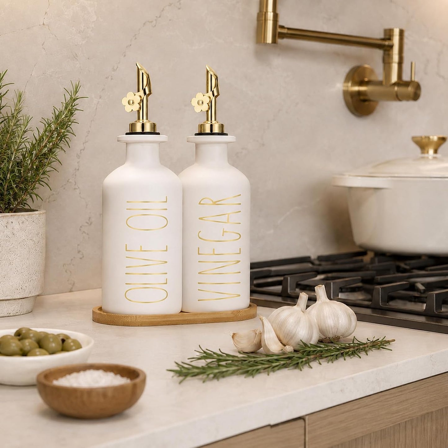 HOMCDALY Premium Olive Oil Dispenser for Kitchen, 11.8oz Glass Oil Bottles with Bamboo Tray, White and Gold Oil&Vinegar Cruet Set, Kitchen Dispenser Bottles with Pourer| Set of 2 (11.8oz –P–Gold)
