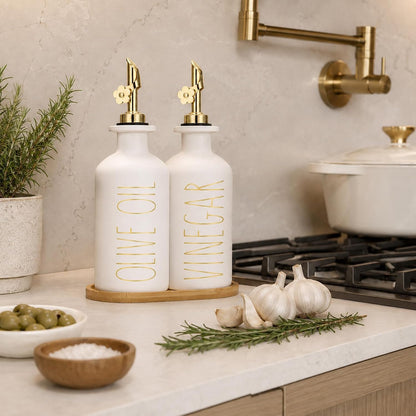 HOMCDALY Premium Olive Oil Dispenser for Kitchen, 11.8oz Glass Oil Bottles with Bamboo Tray, White and Gold Oil&Vinegar Cruet Set, Kitchen Dispenser Bottles with Pourer| Set of 2 (11.8oz –P–Gold)