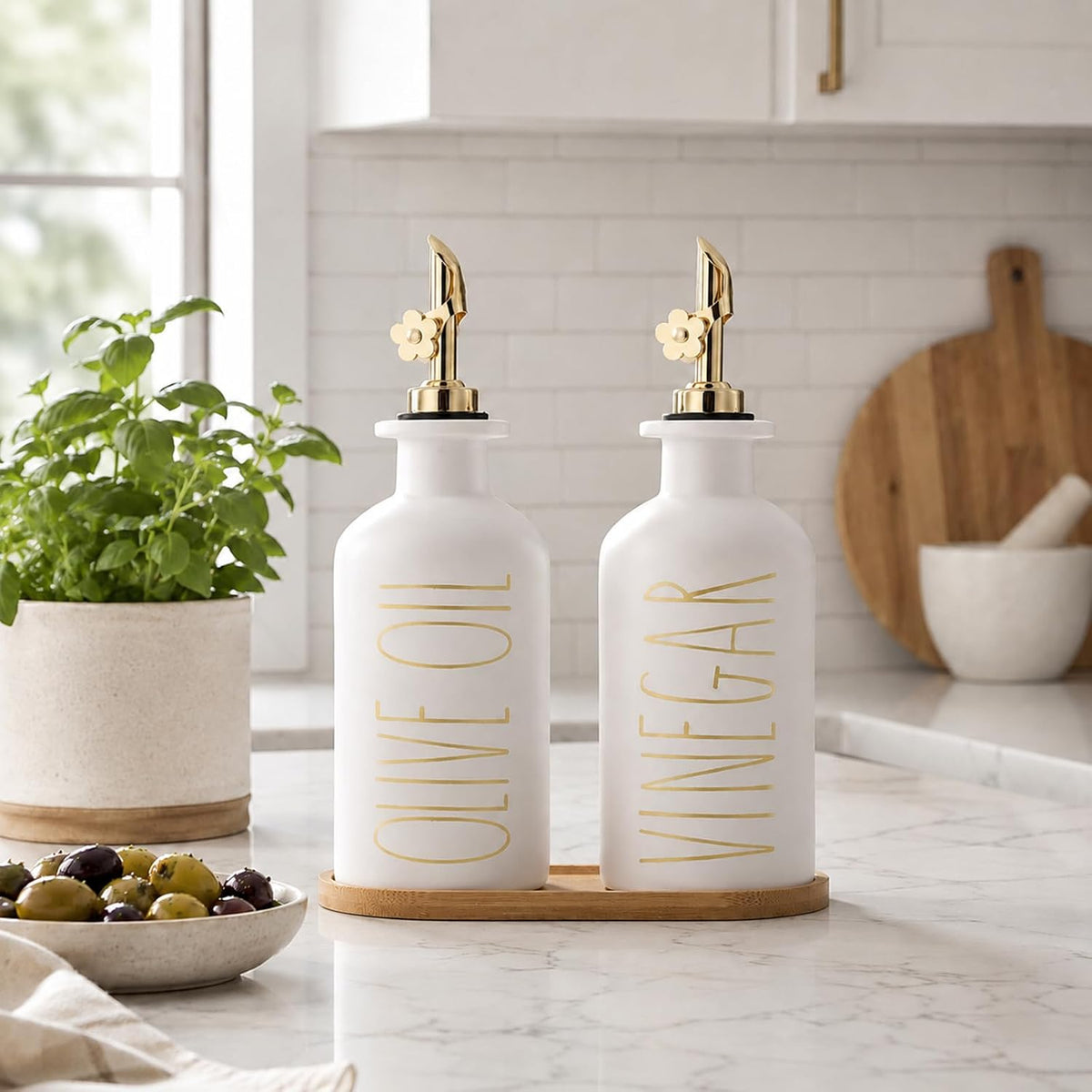 HOMCDALY Premium Olive Oil Dispenser for Kitchen, 11.8oz Glass Oil Bottles with Bamboo Tray, White and Gold Oil&Vinegar Cruet Set, Kitchen Dispenser Bottles with Pourer| Set of 2 (11.8oz –P–Gold)