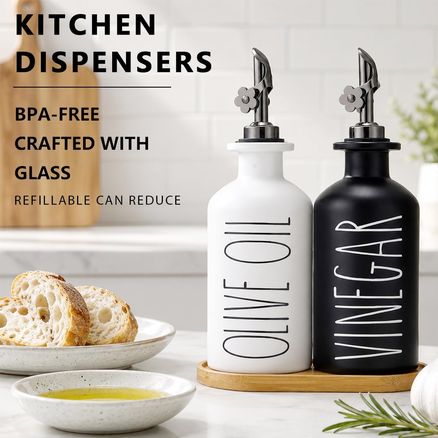 HOMCDALY Premium Olive Oil Dispenser for Kitchen, 11.8oz Glass Oil Bottles with Bamboo Tray, White and Gold Oil&Vinegar Cruet Set, Kitchen Dispenser Bottles with Pourer| Set of 2 (11.8oz –P–Gold)