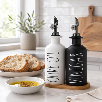 HOMCDALY Premium Olive Oil Dispenser for Kitchen, 11.8oz Glass Oil Bottles with Bamboo Tray, White and Gold Oil&Vinegar Cruet Set, Kitchen Dispenser Bottles with Pourer| Set of 2 (11.8oz –P–Gold)