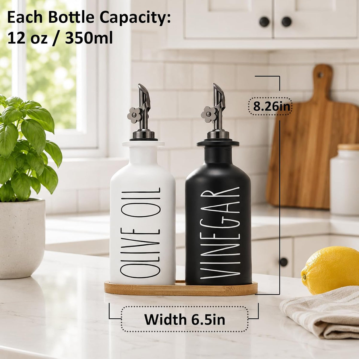 HOMCDALY Premium Olive Oil Dispenser for Kitchen, 11.8oz Glass Oil Bottles with Bamboo Tray, White and Gold Oil&Vinegar Cruet Set, Kitchen Dispenser Bottles with Pourer| Set of 2 (11.8oz –P–Gold)