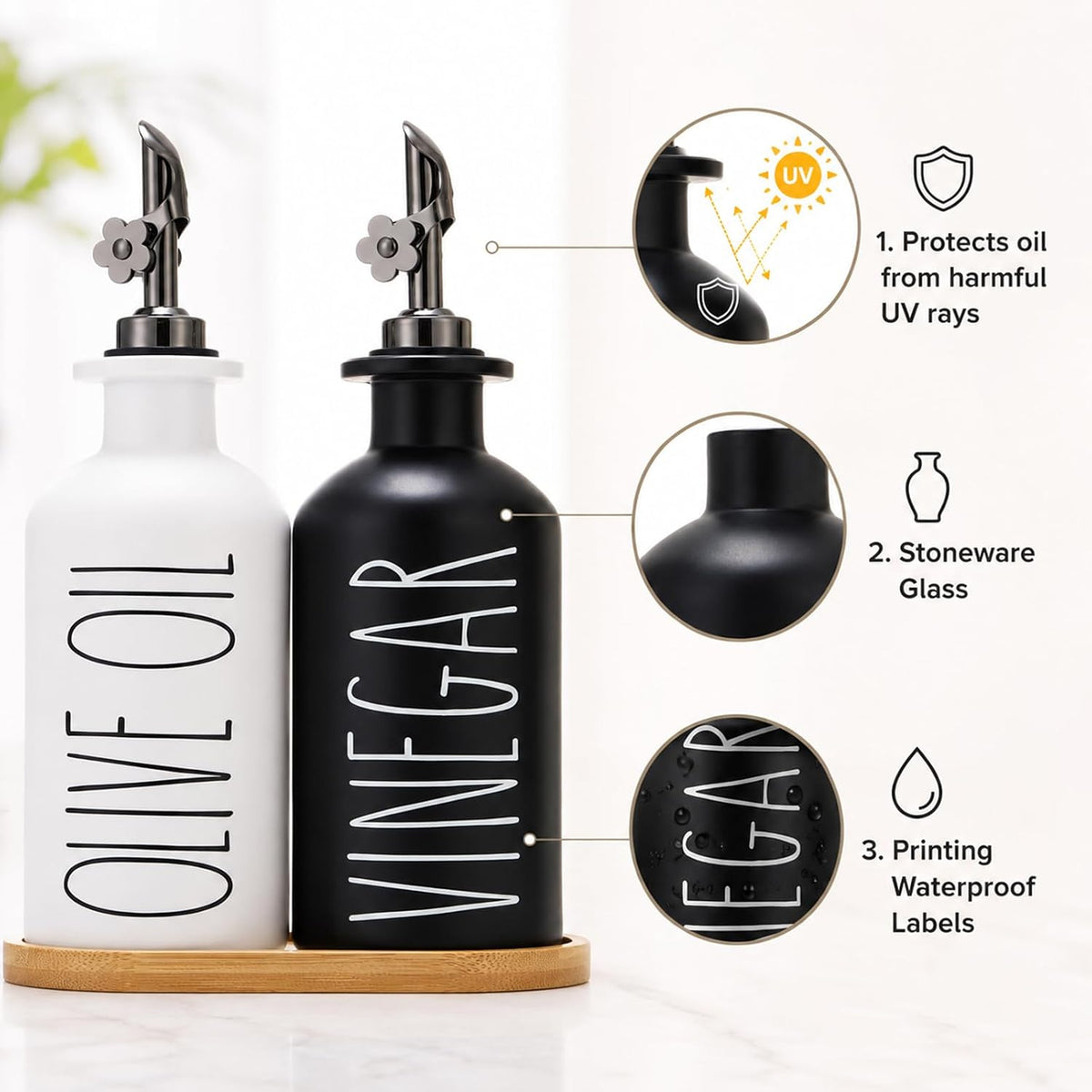 HOMCDALY Premium Olive Oil Dispenser for Kitchen, 11.8oz Glass Oil Bottles with Bamboo Tray, White and Gold Oil&Vinegar Cruet Set, Kitchen Dispenser Bottles with Pourer| Set of 2 (11.8oz –P–Gold)