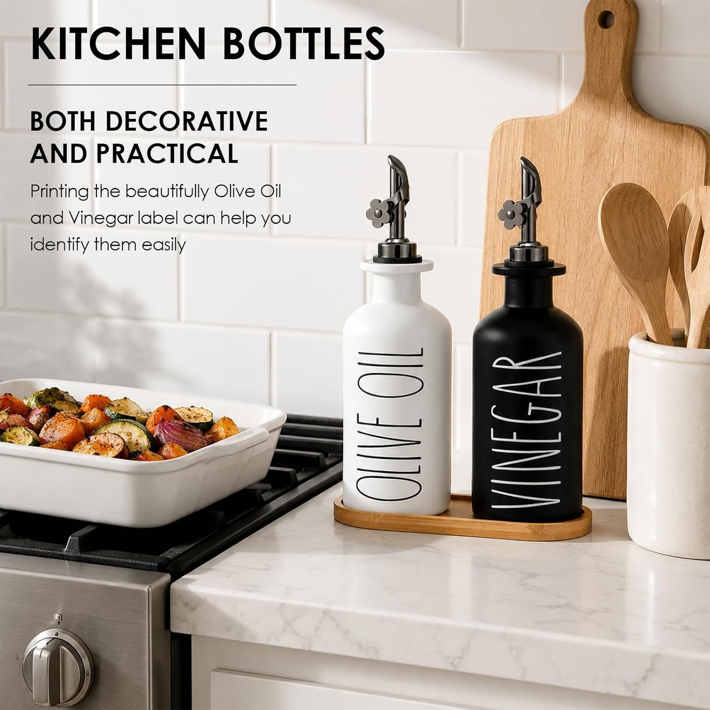 HOMCDALY Premium Olive Oil Dispenser for Kitchen, 11.8oz Glass Oil Bottles with Bamboo Tray, White and Gold Oil&Vinegar Cruet Set, Kitchen Dispenser Bottles with Pourer| Set of 2 (11.8oz –P–Gold)