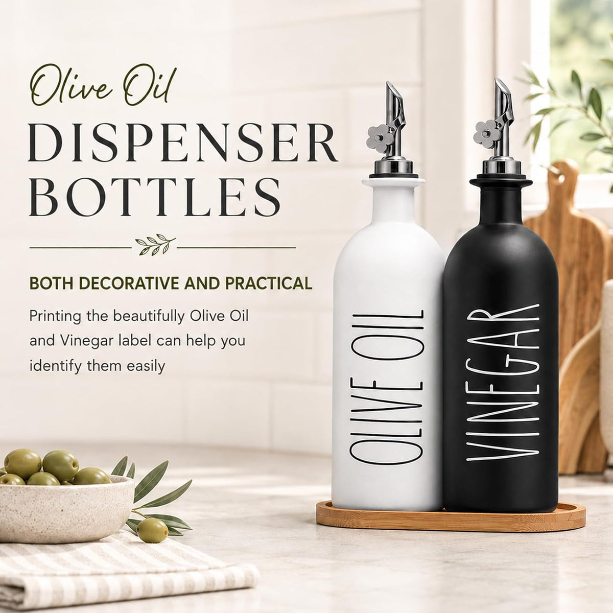 HOMCDALY Premium Olive Oil Dispenser for Kitchen, 11.8oz Glass Oil Bottles with Bamboo Tray, White and Gold Oil&Vinegar Cruet Set, Kitchen Dispenser Bottles with Pourer| Set of 2 (11.8oz –P–Gold)