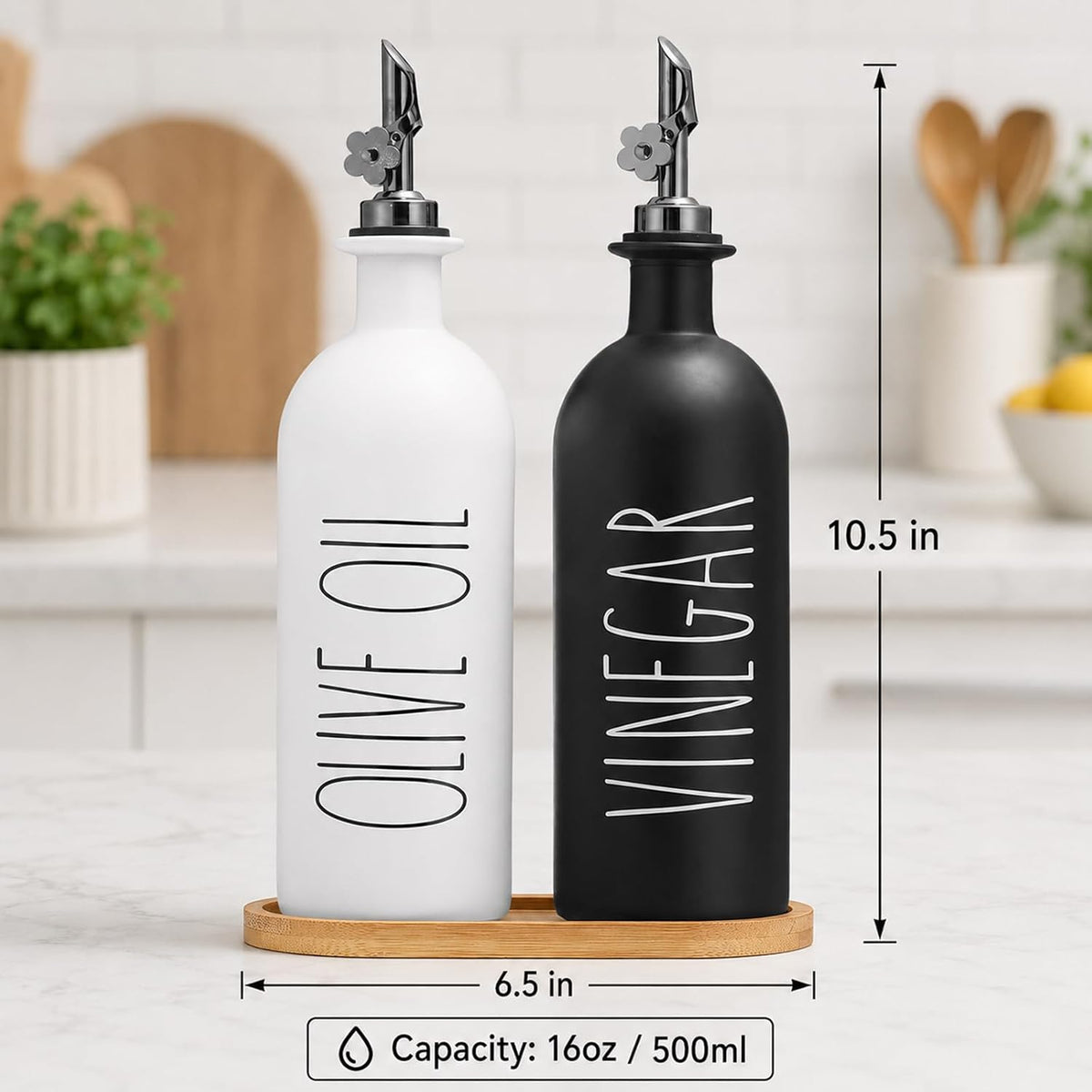 HOMCDALY Premium Olive Oil Dispenser for Kitchen, 11.8oz Glass Oil Bottles with Bamboo Tray, White and Gold Oil&Vinegar Cruet Set, Kitchen Dispenser Bottles with Pourer| Set of 2 (11.8oz –P–Gold)