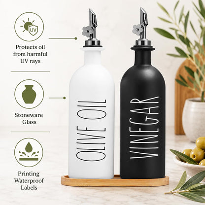 HOMCDALY Premium Olive Oil Dispenser for Kitchen, 11.8oz Glass Oil Bottles with Bamboo Tray, White and Gold Oil&Vinegar Cruet Set, Kitchen Dispenser Bottles with Pourer| Set of 2 (11.8oz –P–Gold)