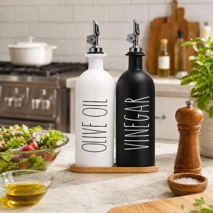 HOMCDALY Premium Olive Oil Dispenser for Kitchen, 11.8oz Glass Oil Bottles with Bamboo Tray, White and Gold Oil&Vinegar Cruet Set, Kitchen Dispenser Bottles with Pourer| Set of 2 (11.8oz –P–Gold)