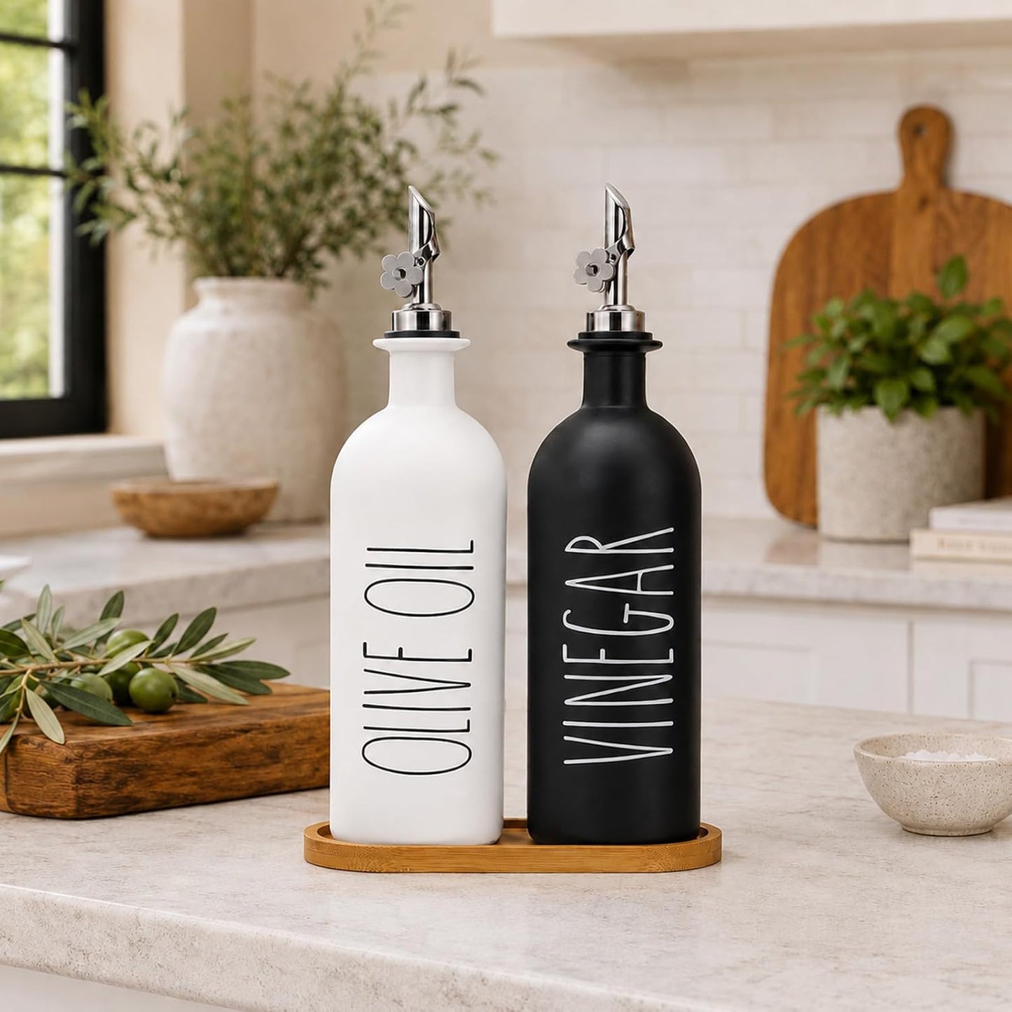 HOMCDALY Premium Olive Oil Dispenser for Kitchen, 11.8oz Glass Oil Bottles with Bamboo Tray, White and Gold Oil&Vinegar Cruet Set, Kitchen Dispenser Bottles with Pourer| Set of 2 (11.8oz –P–Gold)
