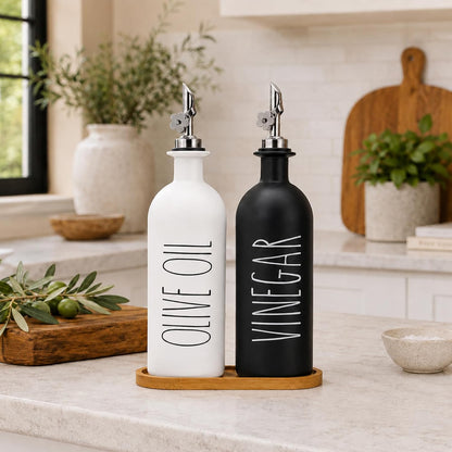 HOMCDALY Premium Olive Oil Dispenser for Kitchen, 11.8oz Glass Oil Bottles with Bamboo Tray, White and Gold Oil&Vinegar Cruet Set, Kitchen Dispenser Bottles with Pourer| Set of 2 (11.8oz –P–Gold)