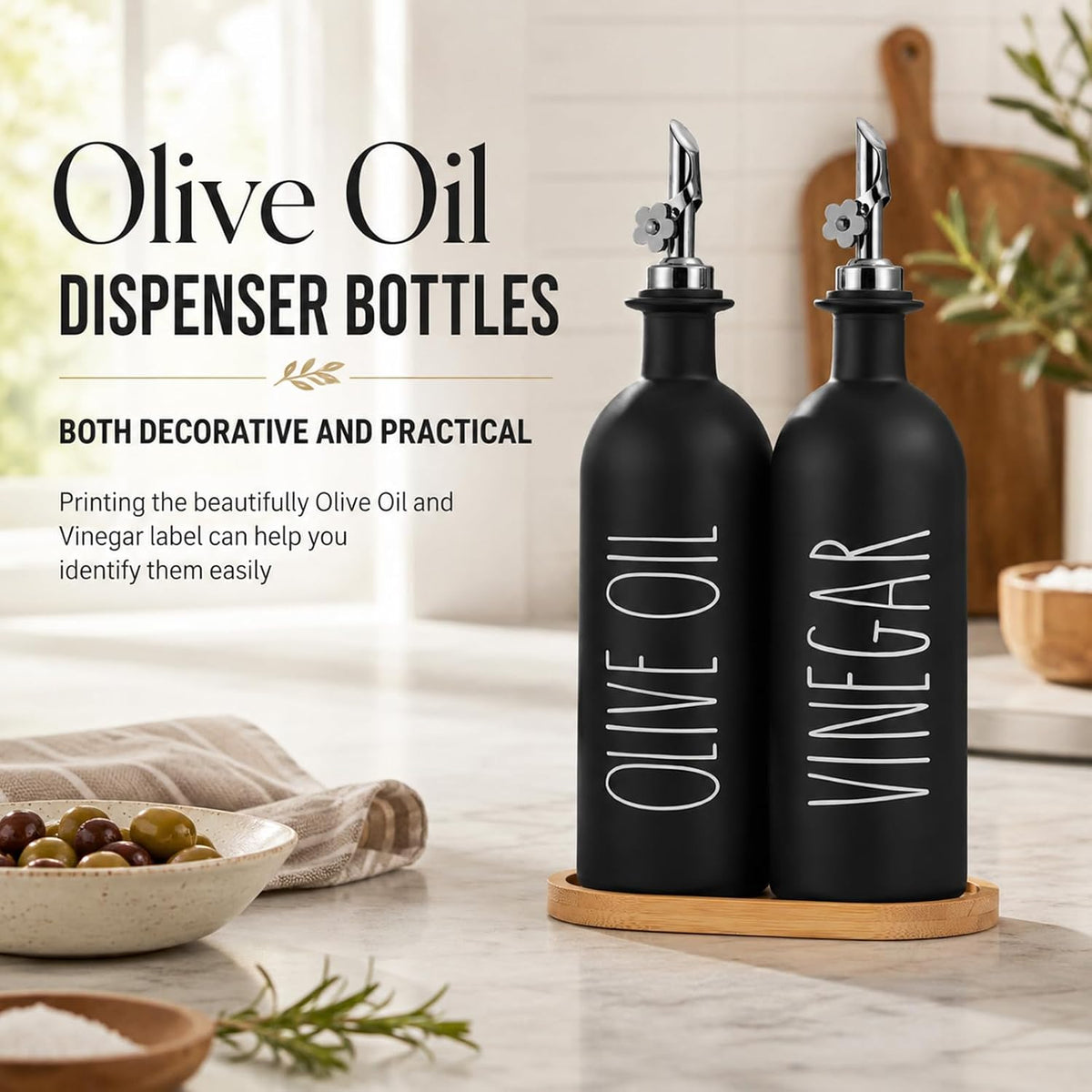 HOMCDALY Premium Olive Oil Dispenser for Kitchen, 11.8oz Glass Oil Bottles with Bamboo Tray, White and Gold Oil&Vinegar Cruet Set, Kitchen Dispenser Bottles with Pourer| Set of 2 (11.8oz –P–Gold)