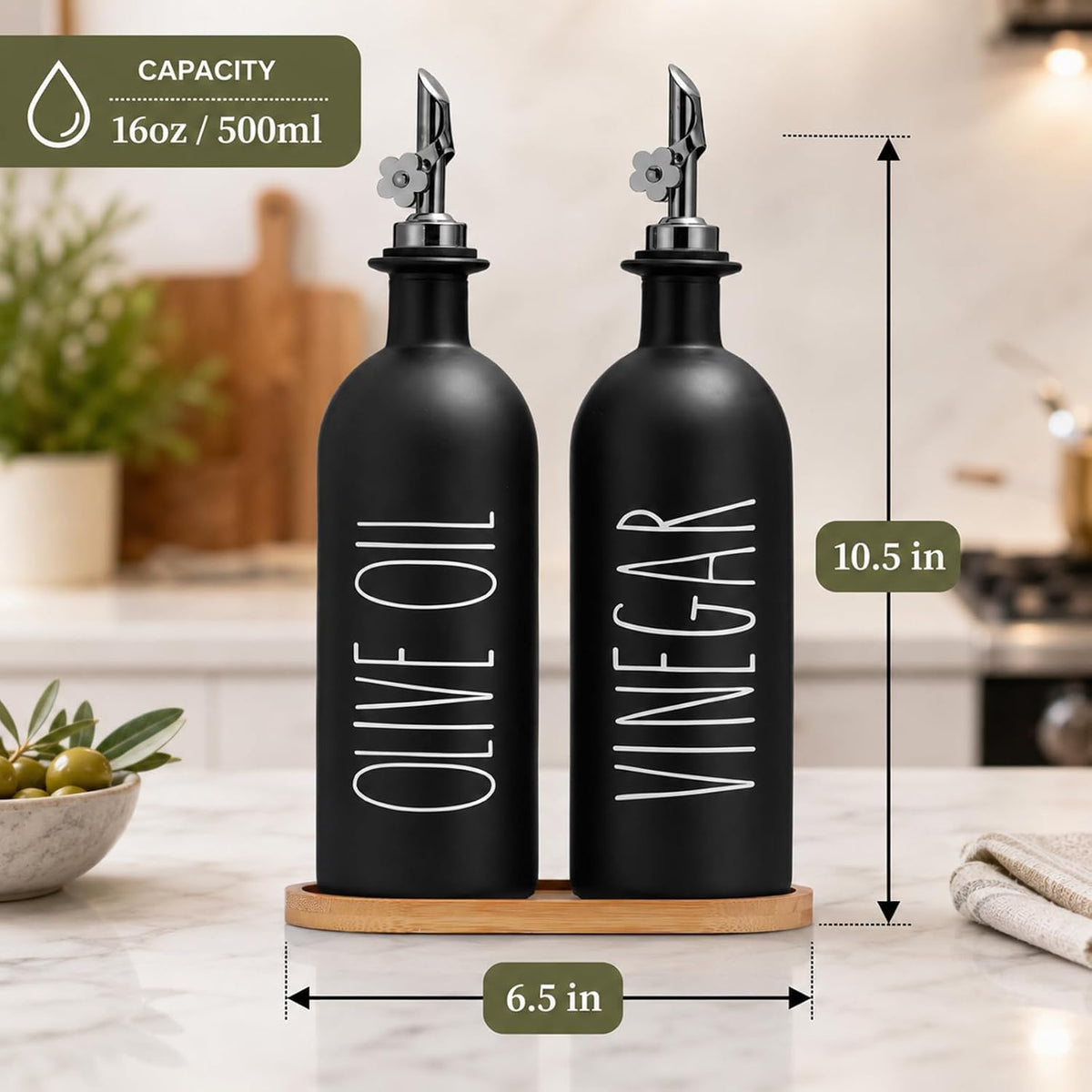 HOMCDALY Premium Olive Oil Dispenser for Kitchen, 11.8oz Glass Oil Bottles with Bamboo Tray, White and Gold Oil&Vinegar Cruet Set, Kitchen Dispenser Bottles with Pourer| Set of 2 (11.8oz –P–Gold)