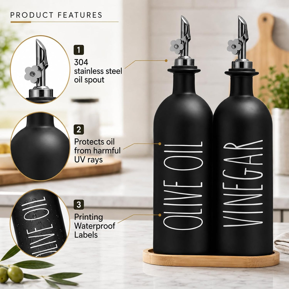 HOMCDALY Premium Olive Oil Dispenser for Kitchen, 11.8oz Glass Oil Bottles with Bamboo Tray, White and Gold Oil&Vinegar Cruet Set, Kitchen Dispenser Bottles with Pourer| Set of 2 (11.8oz –P–Gold)