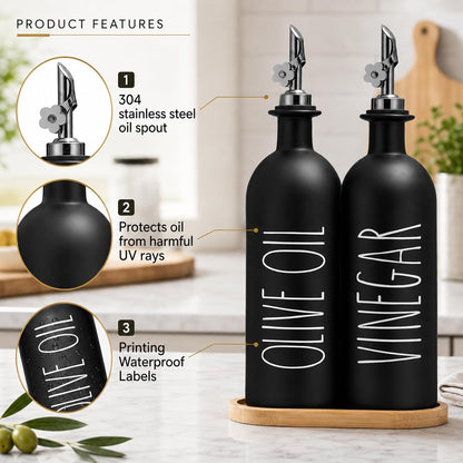 HOMCDALY Premium Olive Oil Dispenser for Kitchen, 11.8oz Glass Oil Bottles with Bamboo Tray, White and Gold Oil&Vinegar Cruet Set, Kitchen Dispenser Bottles with Pourer| Set of 2 (11.8oz –P–Gold)