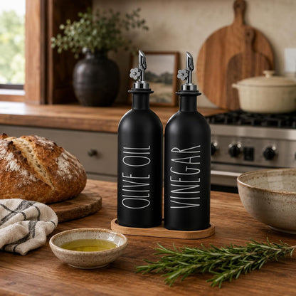 HOMCDALY Premium Olive Oil Dispenser for Kitchen, 11.8oz Glass Oil Bottles with Bamboo Tray, White and Gold Oil&Vinegar Cruet Set, Kitchen Dispenser Bottles with Pourer| Set of 2 (11.8oz –P–Gold)