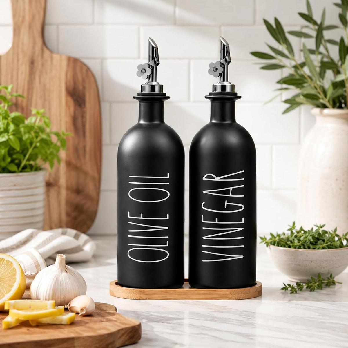HOMCDALY Premium Olive Oil Dispenser for Kitchen, 11.8oz Glass Oil Bottles with Bamboo Tray, White and Gold Oil&Vinegar Cruet Set, Kitchen Dispenser Bottles with Pourer| Set of 2 (11.8oz –P–Gold)